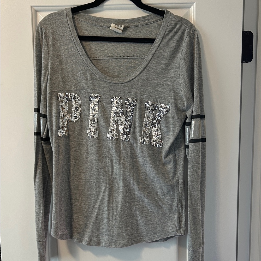Gray Sequin Logo Long Sleeve Top